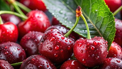 Wall Mural - Close-up of fresh cherry with water droplets, stems, and leaves , Cherry, close-up, water droplets, fresh, berry, stems, leaves