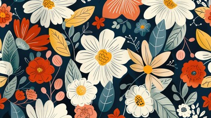Canvas Print - Adorn your space with a charming Scandinavian floral print set against a decorative backdrop of vibrant flowers and delicate leaves
