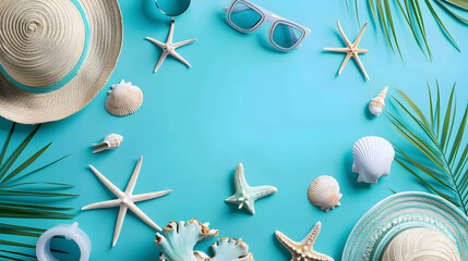 blue background with beach vacation symbols,