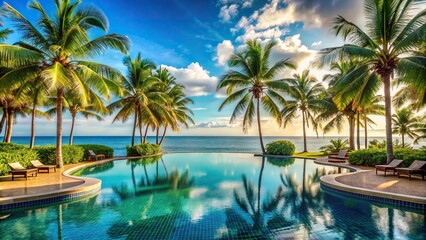 Wall Mural - Tropical resort pool surrounded by lush palm trees and overlooking the ocean , tropical, resort, pool, palm trees