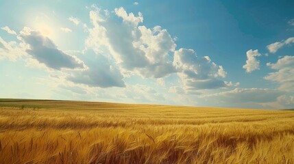 Wall Mural - Beautiful fields of golden wheat under a blue sky with fluffy clouds