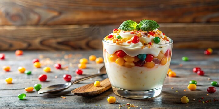 Creamy vanilla dessert with colorful syrup and crunchy candy pieces, perfect for a sweet indulgence, vanilla, dessert, colorful