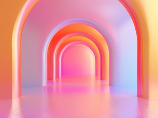 Poster - Pastel-coloured archway corridor with soft gradient lighting, creating a serene and modern visual effect. Ideal for contemporary designs, artistic projects, and calm decor.