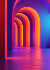 Wall Mural - Modern neon-lit archway corridor with vibrant colours, creating a futuristic and dynamic atmosphere. Ideal for contemporary designs, digital art, and tech-themed visuals.