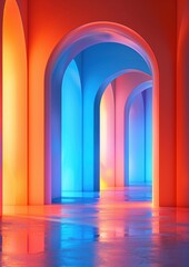 Sticker - Modern neon-lit archway corridor with vibrant colours, creating a futuristic and dynamic atmosphere. Ideal for contemporary designs, digital art, and tech-themed visuals.