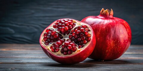 Wall Mural - Sliced red pomegranate revealing juicy interior, pomegranate, fruit, red, sliced, half, juicy, seeds, fresh, vibrant