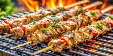 Greek souvlaki cooking on a grill outdoors , Greek, souvlaki, grill, skewers, barbecue, charcoal, cooking, traditional