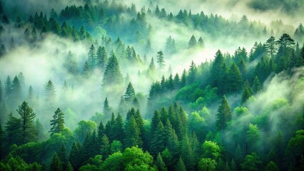 Wall Mural - Green forest engulfed in fog, forest, green, fog, mist, trees, nature, landscape, environment, wilderness, tranquil