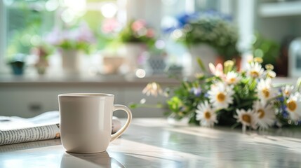 Wall Mural - Empty coffee cup on a kitchen counter with a morning newspaper and fresh flowers in the background, providing a cozy morning setting with plenty of space for text