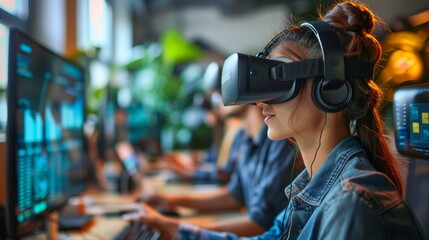 creative digital marketing office with employees using virtual reality and interactive displays to brainstorm and analyze campaign data