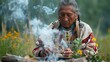 © thekob5123 - Native American healer in traditional regalia, performing a healing ritual with herbs and natural elements in a community setting, emphasizing holistic health practices