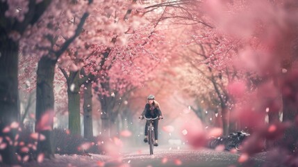 Wall Mural - The picture of the cyclist is riding on the road that has been surrounded with cherry blossom or sakura from the both side of the roadway with warm light from the sun in the spring of the year. AIG43.