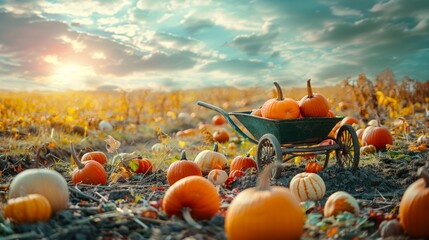 Wall Mural - Beautiful decoration pumpkin in field in farm in Autumn