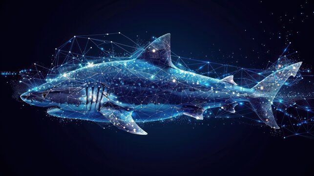 A shark is shown in a blue and white color scheme. The shark is surrounded by a starry background, giving the image a sense of depth and movement
