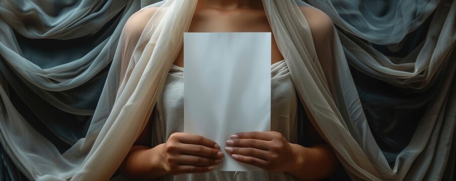 Woman holding a blank white paper in elegant draped fabric background