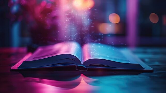 A book is open to a page with a pink and purple glow. The book is on a table and the glow is coming from the light reflecting off the pages