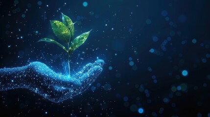 Two hands in the air, surrounded by a blue and white background. The hands are connected by a tree, which is surrounded by a starry sky. Scene is one of wonder and awe