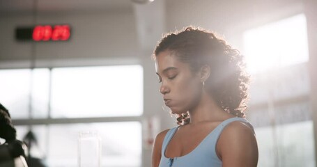 Wall Mural - Woman, drinking water and health in gym with fitness for exercise break, thirsty and hydration for body wellness. Athlete, person and rest with liquid for fatigue from training and physical activity