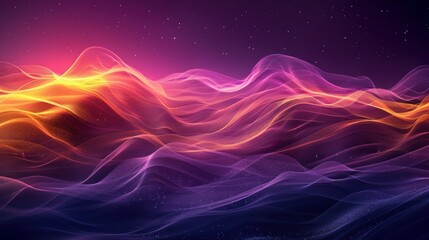 Wall Mural - A grainy gradient backdrop with transitions from bright purple to deep yellow, featuring glowing color waves on a dark texture. 