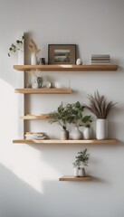 Wall Mural - Wood floating shelf with frames and vases on white wall Storage organization for home Interior desig