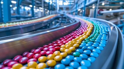 Conveyor belt carrying a rainbow of candies in a state-of-the-art food processing plant, photo realistic, vibrant colors and modern machinery
