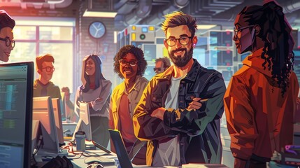 happy software engineer in a modern tech office, collaborating with team members on a project, surro