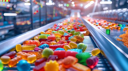 Wall Mural - Close-up of a conveyor belt filled with various vibrant candies in a high-tech food processing plant, photo realistic detail, well-lit environment