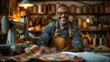 © thekob5123 - content tailor in a cozy workshop, expertly sewing garments with a smile, surrounded by fabrics and sewing tools, reflecting passion and joy in creating custom clothing