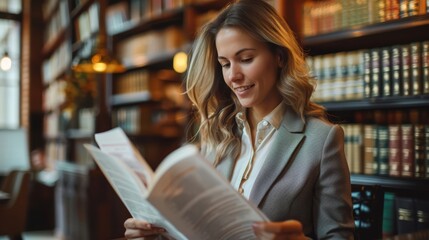 content lawyer in a sophisticated law firm, confidently reviewing case files with a smile, surrounded by legal books and a dedicated team, reflecting dedication and joy in justice and advocacy