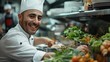 © thekob5123 - happy chef in a bustling restaurant kitchen, smiling while preparing a gourmet dish, surrounded by fresh ingredients and modern cooking equipment, showcasing passion and joy in their work