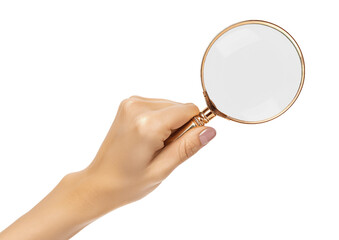 female hand holding magnifying glass clipping path