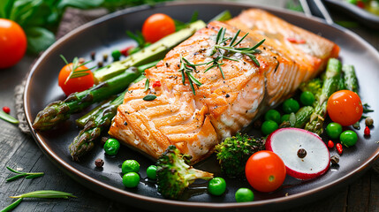 Wall Mural - Roasted salmon steak with asparagos broccoli carrot