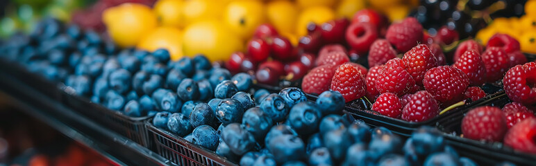 Wall Mural - Fresh Summer Berries and Fruits Display at a Local Market - Perfect for Food, Health, and Nature-Themed Designs