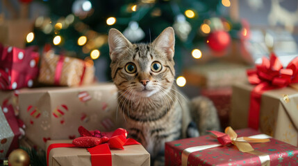 Curious Kitty Among Christmas Presents Under the Tree