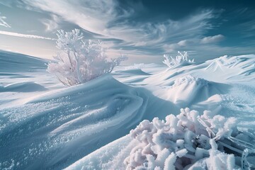 Wall Mural - The ethereal beauty of a snow-covered landscape, with the heat signatures of buried flora in infrared