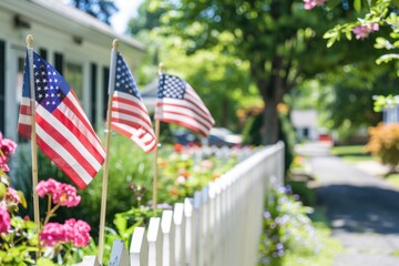 Wall Mural - small american flags on wooden sticks in front of white picket fence, house and garden with green trees and flowers in background, sunny day Generative AI
