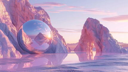 Wall Mural - A large, shiny, silver sphere is floating in a body of water