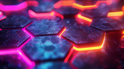 Wall Mural - Futuristic hexagonal shapes with vibrant neon lights.