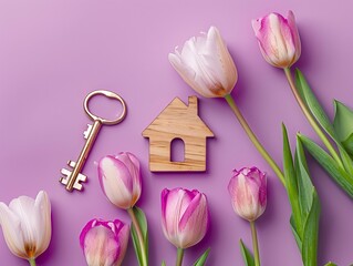 Canvas Print - A creative image with pink tulips and a house shaped keychain suggesting concepts of home and spring on a purple abstract background makes for a best-seller wallpaper