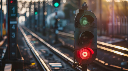 A red traffic light is lit up in the foreground of a train track