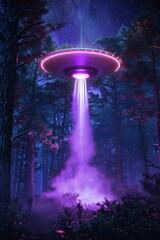 a purple ufo is flying through a forest at night