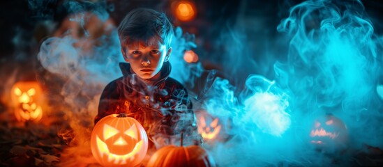 Boy Dressed as a Vampire Among Illuminated Pumpkins and Mystical Fog, Night Lights, Halloween Celebration