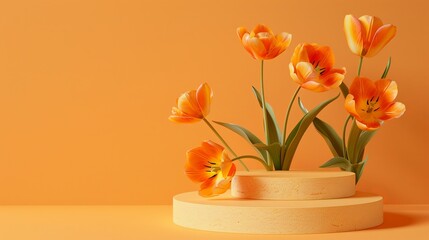 Poster - This image showcases vibrant orange tulips on a round pedestal, serving as an ideal abstract wallpaper or background for best-seller floral themes