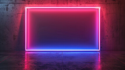 Glowing neon frame illuminating a dark room with a concrete wall and a wet floor