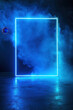 © Alexandra - Mesmerizing blue neon frame radiates a vibrant glow on a sleek concrete floor, contrasting with swirling smoke. Stand out in the darkness with this versatile template