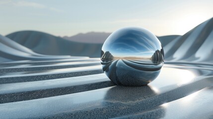 Poster - a large, shiny, reflective ball sits on a sandy beach