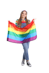 Wall Mural - Beautiful young woman with LGBT flag on white background