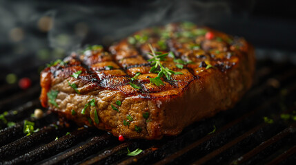 Canvas Print - A perfectly grilled steak sizzling on a barbecue, garnished with green herbs, ideal for summer cookouts and Father's Day celebrations