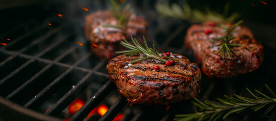 Sticker - Grilled steaks with rosemary and pepper on a barbecue grill, perfect for summer cookouts, Fourth of July celebrations, and backyard barbecues