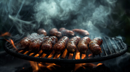 Wall Mural - Juicy sausages grilling over an open flame with smoke rising, perfect for summer barbecues, Fourth of July celebrations, and outdoor cooking themes